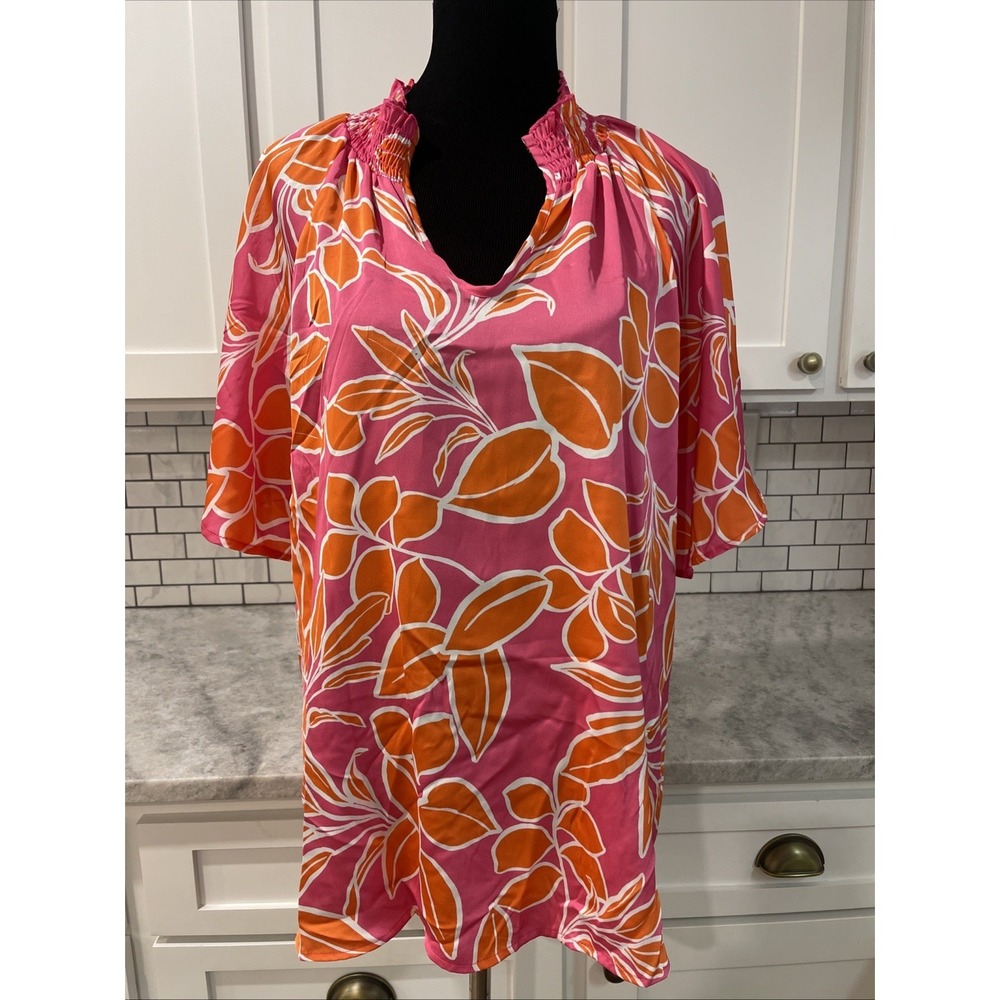 Chic Soul Tunic Top Womens XL Orange Pink Floral Bohemian Smocked Shirt Blouse